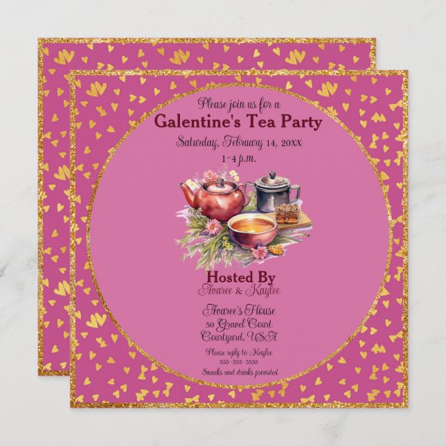 Galentine's Day Tea Party Pink and Gold Hearts (Front/Back)