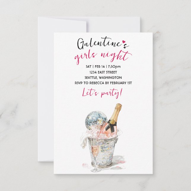 Galentines Party Invitation Champagne & Disco Ball (Front)