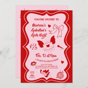 Galentine's Pink Red Hand Drawn Night Party Invitation