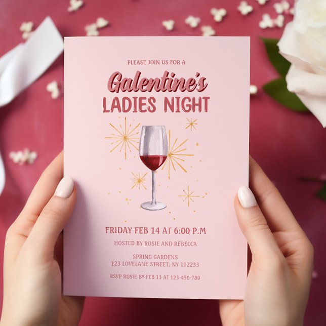 Galentine's Wine Glass Ladies Night Party Invitation (wine glass galentines ladies night party invitation )