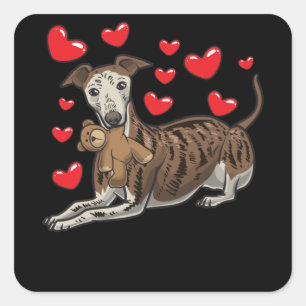 Galgo Español Dog With Stuffed Animal And Hearts Square Sticker