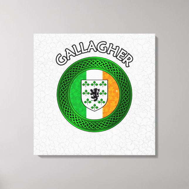 Gallagher Crest & Celtic Knot on Shamrock Canvas Print (Front)