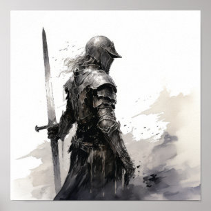 Gallant Knight in Action - Striking Black and Whit Poster