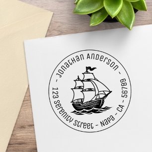 Galleon Wooden Sailing Ship Round Address Rubber Stamp
