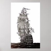 Galleon's pen and ink drawing in black and white