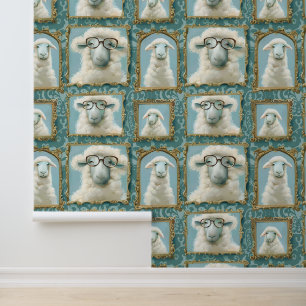 Gallery wall of whimsical sheep wearing glasses
