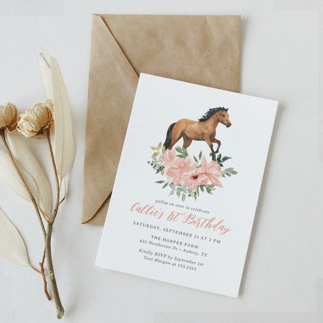 Gallop on Over Pink Floral Horse Birthday Invitation (Creator Uploaded)