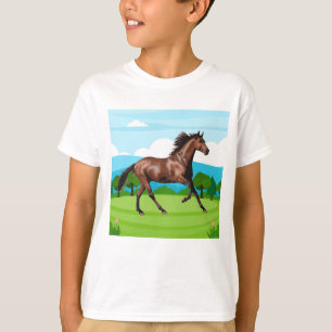 Galloping Bay Horse in a Green Meadow T-Shirt