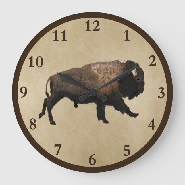 Galloping Bison On Old Paper Large Clock (Front)