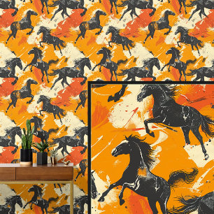 Galloping Black Horses on Orange Cream  Wallpaper