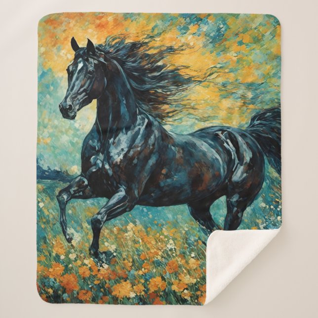 Galloping Black Stallion Sherpa Blanket (Front)