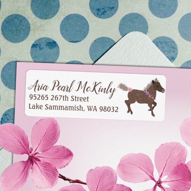 Galloping Brown Pony Pink Flowers Address Label (pink and brown galloping pony return address label mailing sticker girls birthday party invitation)