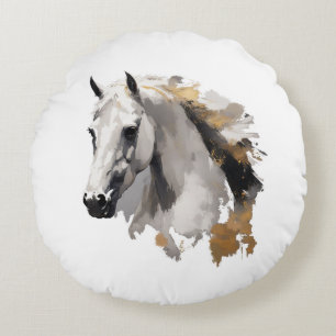 Galloping Grace White Horse Art Round Cushion