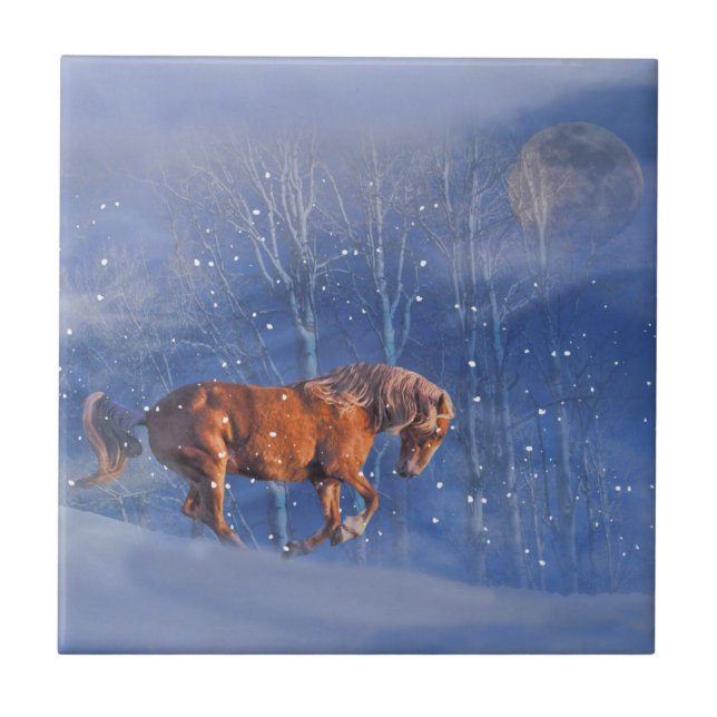 Galloping Horse and Moon in the Snow Art Tile (Front)