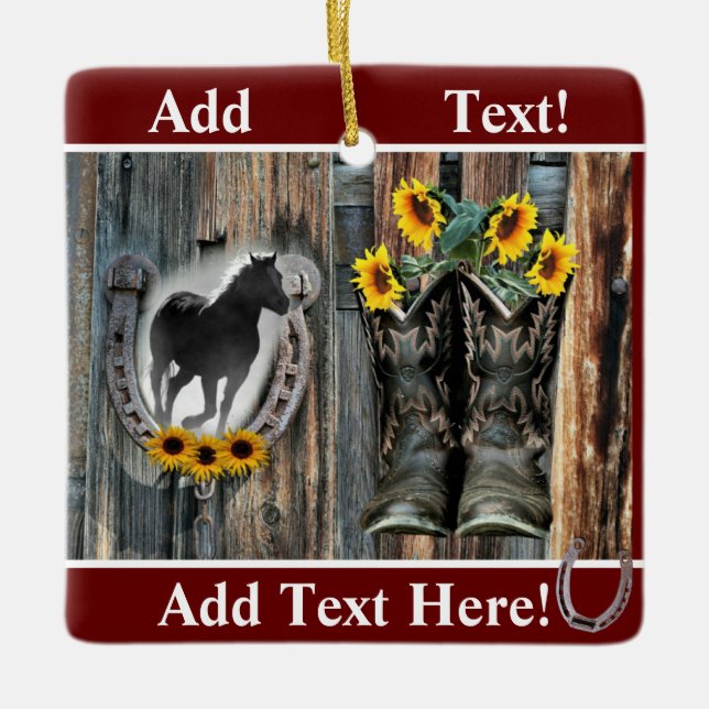 Galloping Horse Cowboy Boots Horseshoe Sunflowers  Ceramic Ornament (Front)