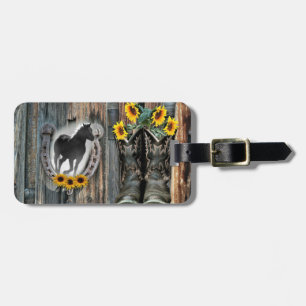Galloping Horse Cowboy Boots Horseshoe Sunflowers Luggage Tag