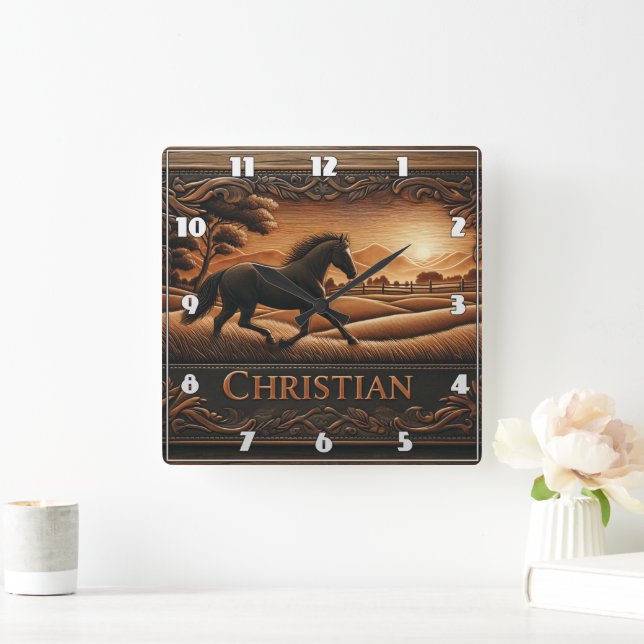 Galloping Horse in Scenic Landscape at Sunset Square Wall Clock (Home)