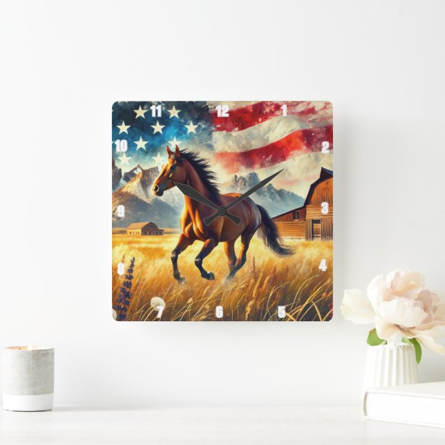 Galloping Horse Patriotic  Square Wall Clock (Home)