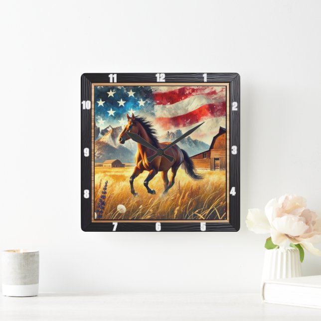 Galloping Horse Patriotic  Square Wall Clock (Home)