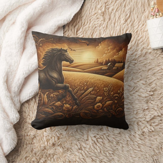 Galloping Horse Through Golden Fields at Sunset Cushion (Blanket)