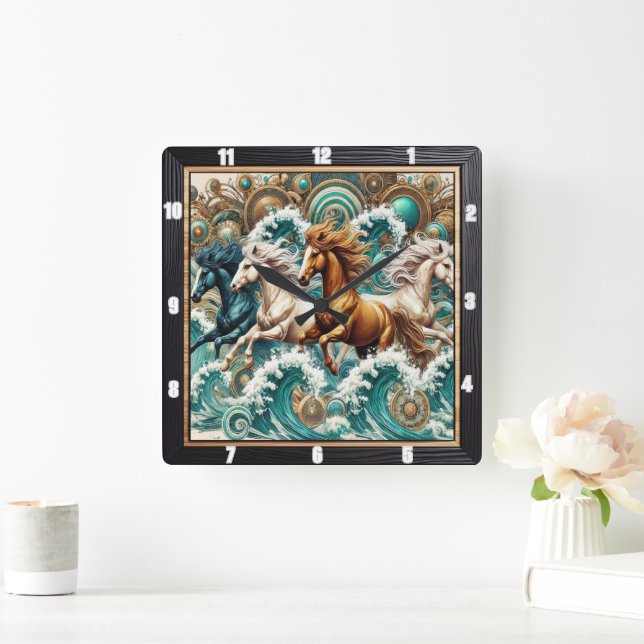 Galloping Horses Waves Square Wall Clock (Home)