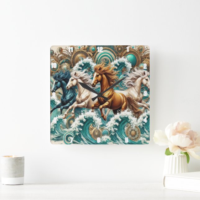 Galloping Horses Waves Square Wall Clock (Home)
