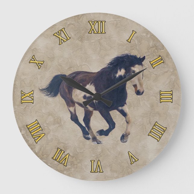 Galloping Pinto American Paint Stallion Horse Large Clock (Front)