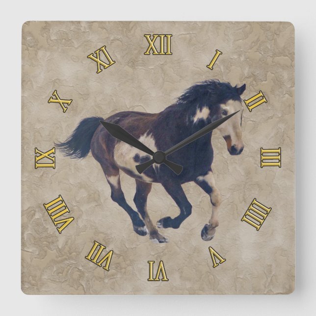 Galloping Pinto American Paint Stallion Horse Square Wall Clock (Front)