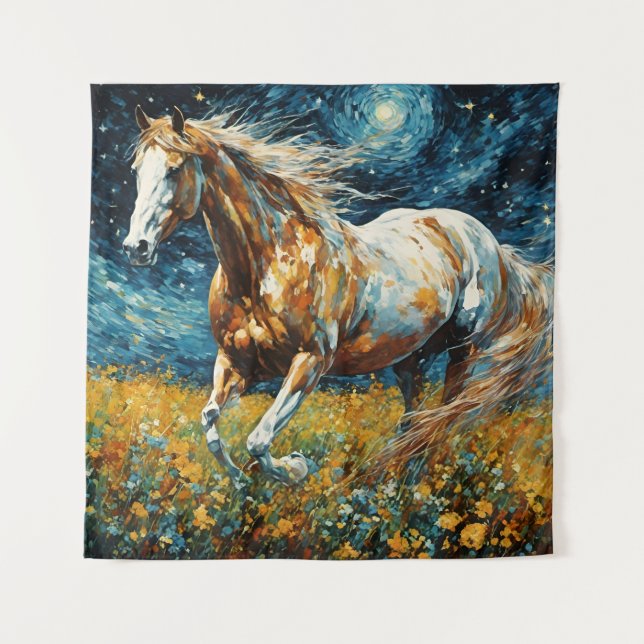 Galloping Pinto Stallion Van Gogh Tapestry (Front)