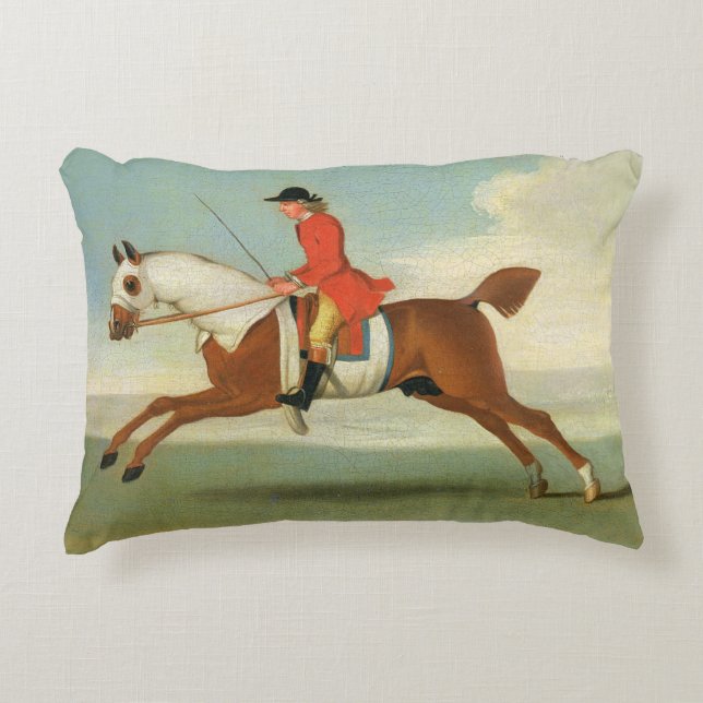Galloping Racehorse and mounted Jockey in Red (oil Decorative Cushion (Front)