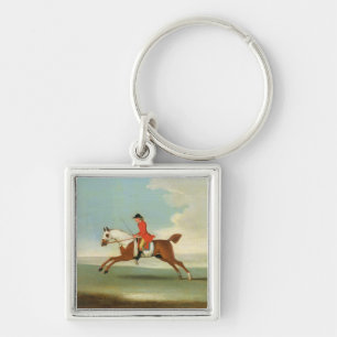 Galloping Racehorse and mounted Jockey in Red (oil Key Ring