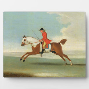 Galloping Racehorse and mounted Jockey in Red (oil Plaque