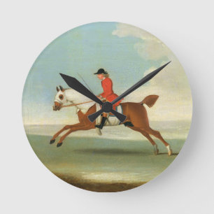 Galloping Racehorse and mounted Jockey in Red (oil Round Clock
