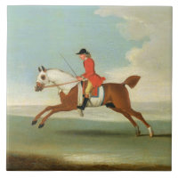 Galloping Racehorse and mounted Jockey in Red (oil