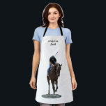 Galloping Thoroughbred Horse And Rider Apron<br><div class="desc">Galloping Thoroughbred Horse And Rider,  Apron. Digital Art. Spirited Thoroughbred and his rider in morning workout. Show how proud you are of the horse work you do. Transparent background. Fully customisable; make it your own. Edit the wording to your liking,  or remove the text entirely.</div>