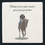 Galloping Thoroughbred Horse And Rider Coaster<br><div class="desc">Galloping Thoroughbred Horse And Rider,  Stone Coaster. Digital Art. Spirited Thoroughbred and his rider in morning workout. Show how proud you are of the horse work you do. Wording,  "Riding never gets easier,  you just get better". Edit the wording to your liking,  or remove it entirely.</div>