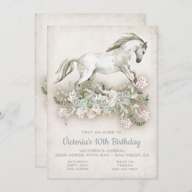 Galloping White Horse Birthday Party Invitation (Front/Back)