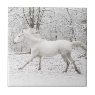 Galloping White Horse in the Snow Tile