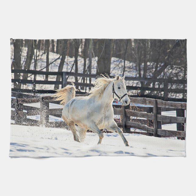 Galloping White Horse Tea Towel (Horizontal)