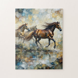 Galloping Wild Horses Alcohol Ink Art Jigsaw Puzzle