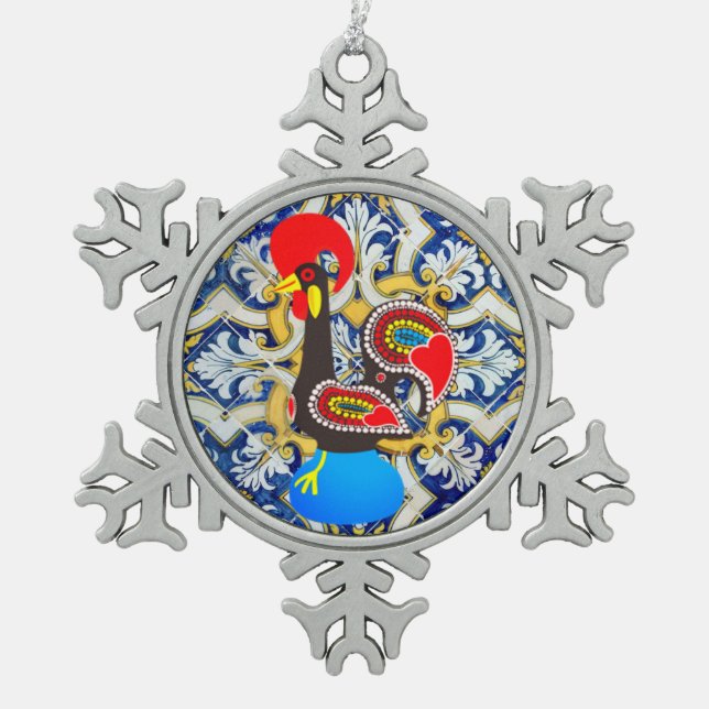Galo de Barcelos designs Snowflake Pewter Christmas Ornament (Front)
