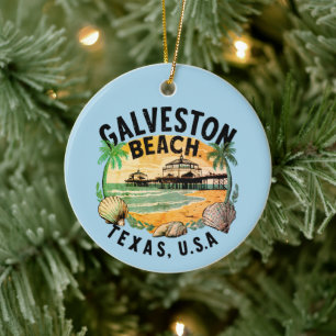 Galveston Beach Retro Vignette Ceramic Tree Decoration