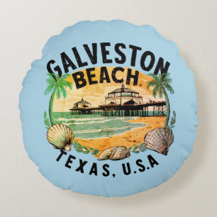 Galveston Beach Retro Vignette Round Cushion