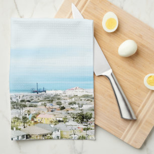 Galveston Coast, beach and city view Tea Towel
