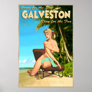 Galveston Island Texas Retro Travel Poster Beach
