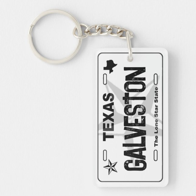 Galveston Texas black license plate keychain (Front)