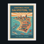 Galveston TX Island Oasis Retro Travel Postcard<br><div class="desc">Galveston TX Island Oasis Retro Travel Postcard – 1930s Style Colorful Vintage Inspired Greeting Card, Vibrant Coastal Art Souvenir Description: Bring a splash of Gulf Coast sunshine to your mailbox with this vibrant Galveston, Texas “Island Oasis” retro travel postcard. Inspired by the bold, stylish travel posters of the 1930s, this...</div>