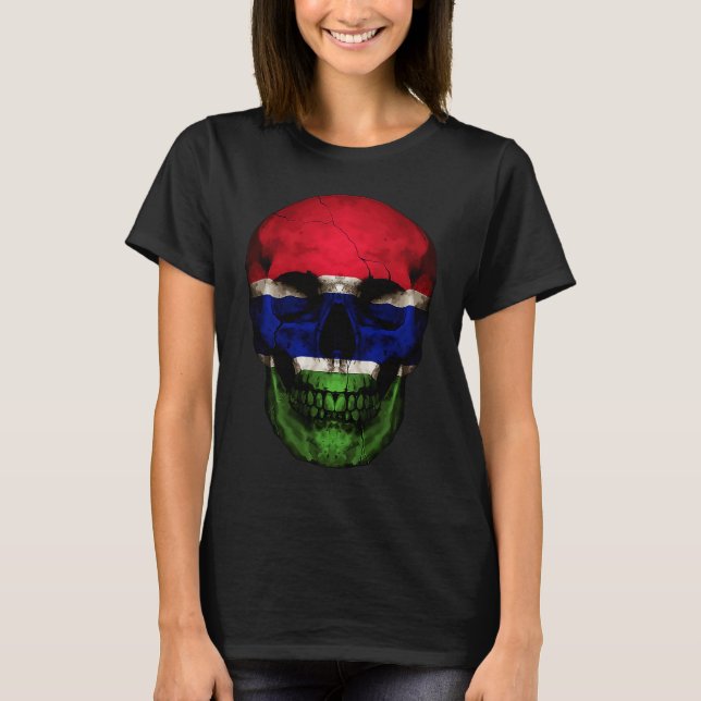 Gambia Flag Skull Gambian Roots Proud Patriotic T-Shirt (Front)