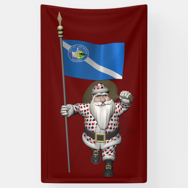 Gambler Santa Claus With Flag Of Las Vegas Banner (Vertical)