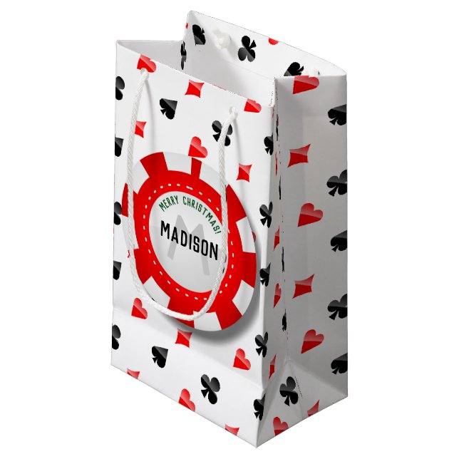 Gambler's Christmas Monogrammed Poker Chip Small Gift Bag (Front Angled)